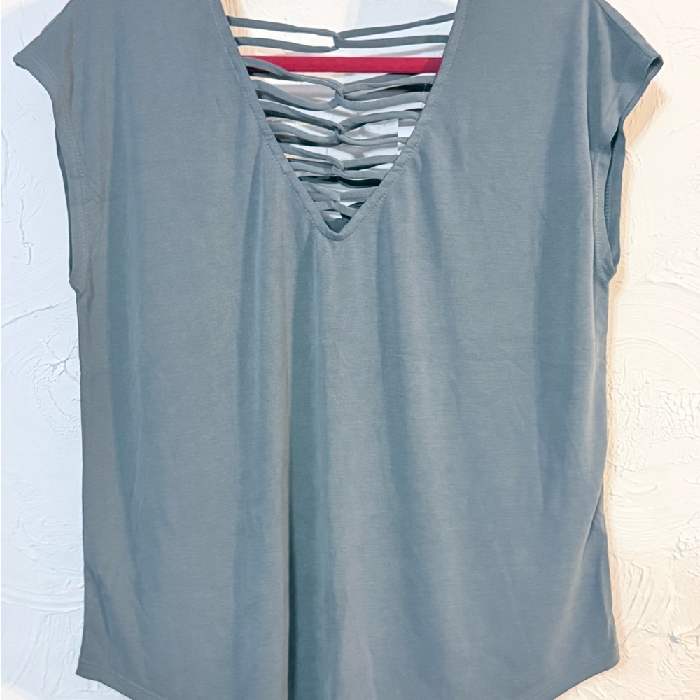 Red Brand Gray Blouse with Strappy V Front and Back